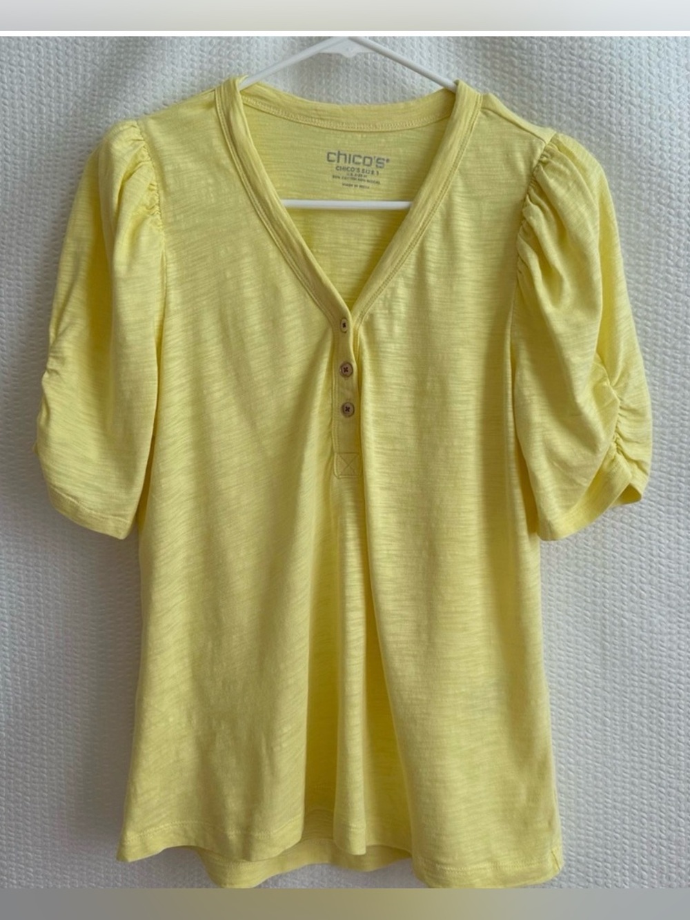 Chico's Yellow Short Sleeve Tee Cotton Modal Button Front Size 2 Women’s Medium